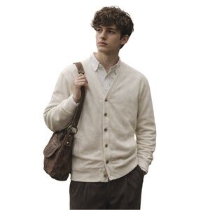 Good Fellow Cream Button-Up V-Neck Sweatshirt Cardigan Large